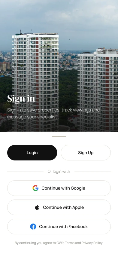 Sign in screen with Google, Apple and Facebook options