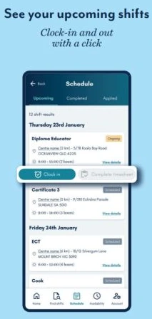 Clock in and Complete timesheet button components in the Schedule screen