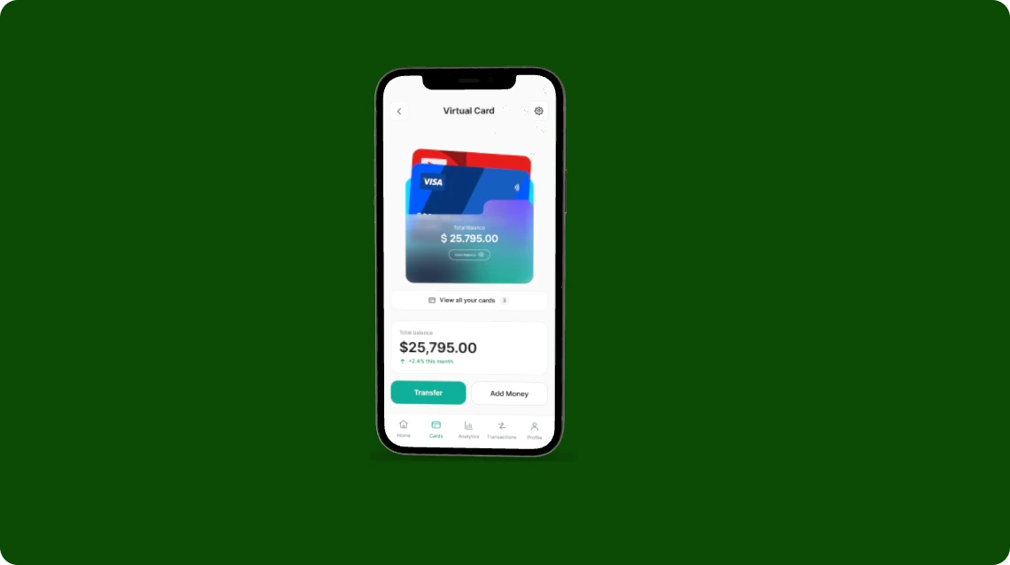 TegaPay Virtual Card screen on an iPhone against a deep green background