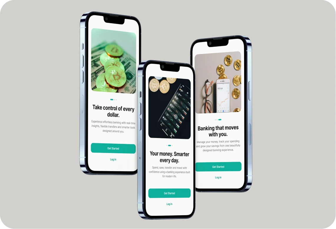 Three TegaPay onboarding screens on iPhones