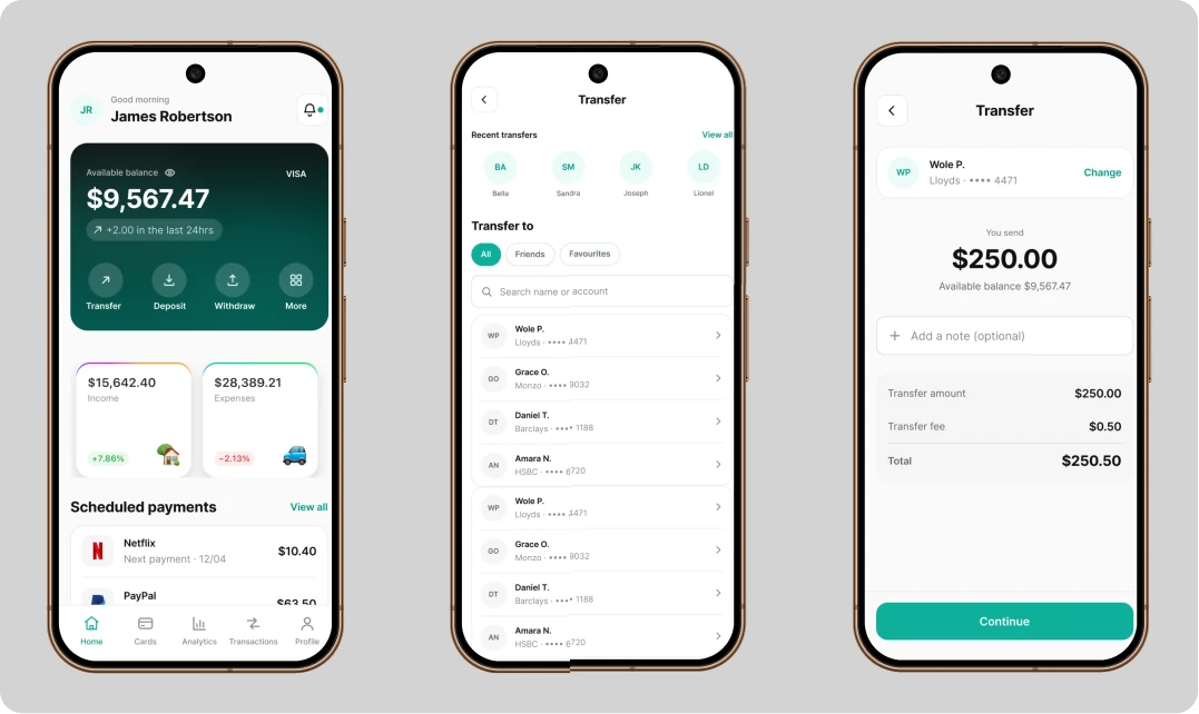 Home dashboard, transfer recipient list and transfer review screens