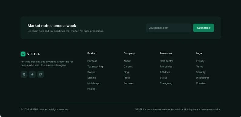 Newsletter sign-up, Market notes once a week, and the Vestra footer with a plain disclaimer