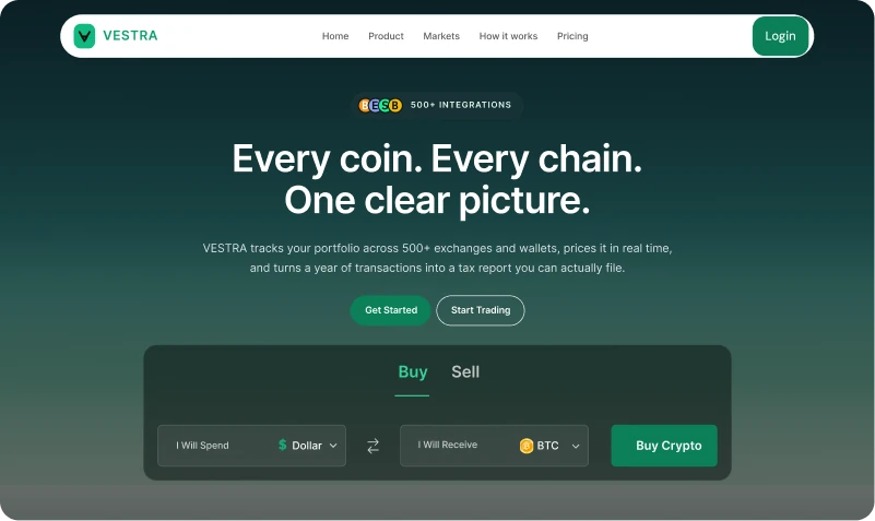 Vestra landing page hero: Every coin. Every chain. One clear picture., with Get Started and Start Trading buttons and a Buy and Sell crypto widget
